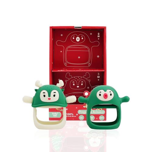 Smily Mia Baby Christmas Stocking Stuffers - Penguin Teether for 0-6M, Reindeer Chew Toys for 3-6M, Teething Mittens for 6-12M, Pine Green