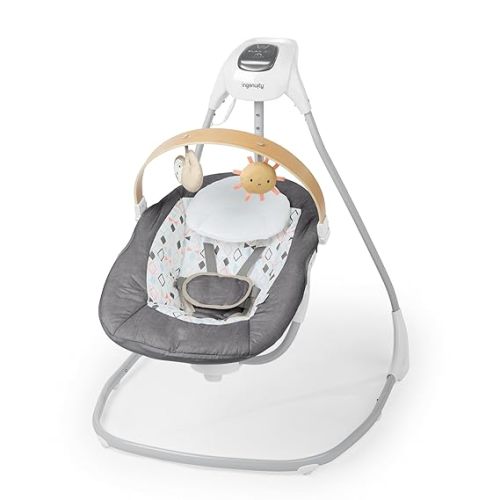 Ingenuity SimpleComfort Compact Baby Swing, Rotating Seat Swings in 3 Directions, 6 Speeds, 8 Melodies & 3 Nature Sounds, Ages 0-9 Months, Up to 20 Pounds - Parker