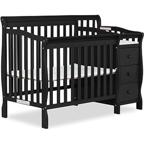 Dream On Me Jayden 4-in-1 Mini Convertible Crib And Changer in Black, Greenguard Gold Certified, Non-Toxic Finish, New Zealand Pinewood, 1" Mattress Pad