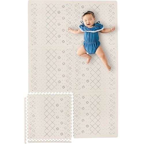 Yay Mats Stylish Extra Large Baby Play Mat. Soft, Thick, Non-Toxic Foam Covers 6 ft x 4 ft. Expandable Tiles with Edges Infants and Kids Playmat Tummy Time Mat (Carter Mudcloth Tan)