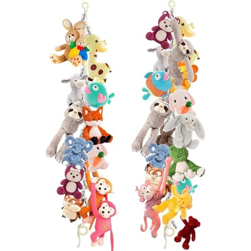 2pcs Stuffed Animal Storage Chain - Boho Stuffed Animal Hammock with 40pcs Metal Clips, Stuff Animal Organizer Hanging Storage for Bedroom Wall Door Display