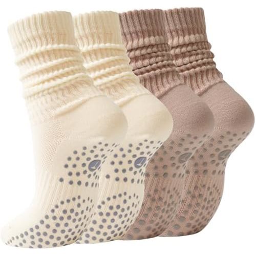 Pilates Slouch Crew Socks for Women, Grip Yoga Socks with Non Slip Grippers for Barre Ballet Dance Hospital Workout