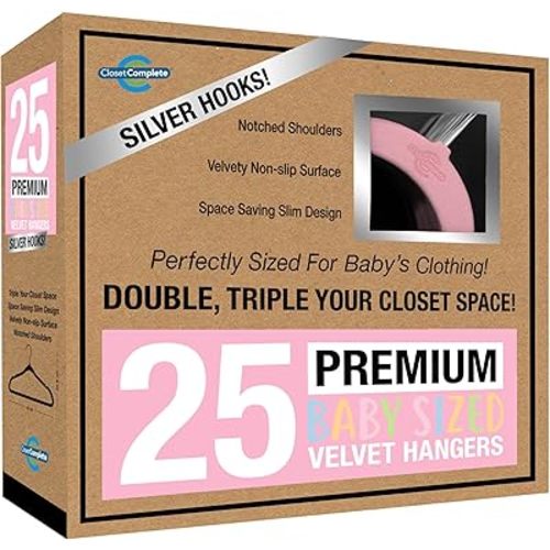 Baby Velvet Hangers, Premium Quality, True-Heavyweight, Virtually-UNBREAKABLE, Ultra-Thin, Space Saving No-Slip, Perfect Size for Babies 0-48 months 360° SPIN, Chrome Hooks, Pink, 25 pc