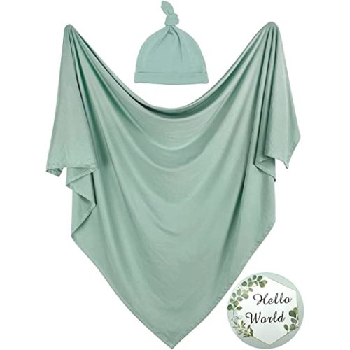 OWLOWLA Swaddle Blanket and Hat Set Newborn Swaddle Wrap Baby Receiving Blanket for Baby Boys Girls(Sage)