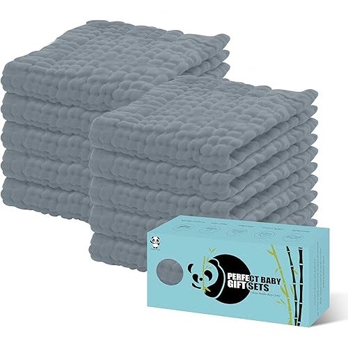 HIPHOP PANDA 10 Pack 6-Layers Muslin Burp Cloths Large - Durable 100% Cotton - Baby Essentials Extra Absorbent and Soft Boys & Girls Rags for Newborn Registry (Grey, 20" X10")