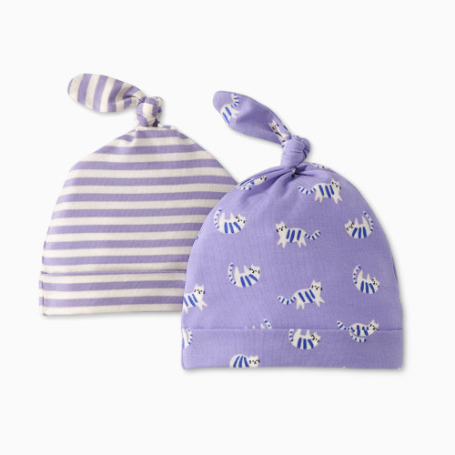Hanna Andersson Baby 2-pk HannaSoft Top Knot Hat - Cute Cats On Purple, 0-3 M