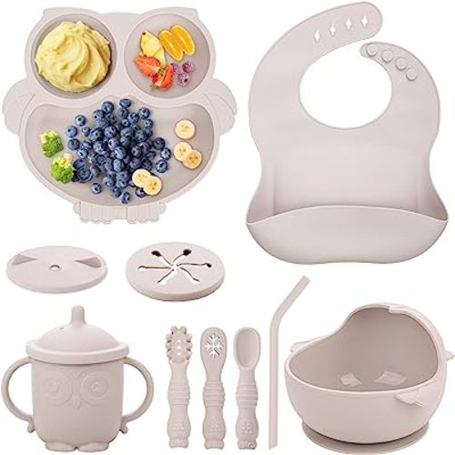 Baby Weaning Set, Silicone Baby Feeding Set(10 Pcs), Toddler Weaning Set with Adjustable Bib, Suction Bowl, Plate, Fork, Spoon, Water & Snack Cup Kit, Baby Led Weaning Kit for Babies and Kids