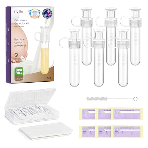Nuliie Colostrum Collector Kit 7ml/6pcs, Leakproof, Reusable Breast Milk Collector, Heat & Freezer Resistant, BPA-Free, With Cotton Cloth Wipe, Storage Case, Cleaning Brush - Ready-to-Use for Newborns
