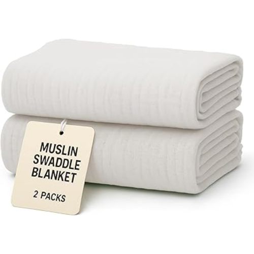 Muslin Swaddle Blankets 40x40 Inches 2 Pcs White Baby Swaddles, Soft Organic Muslin Baby Blankets for Boys & Girls, Large Receiving Blanket for Newborns, Ideal for Shower