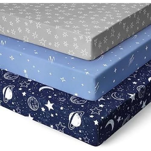 Pack and Play Sheets Fitted 3 Pack, Mini Crib Sheets for Pack N Play Mattress Stretchy Portable Playard Sheets, Soft Breathable Blue Gray Planet