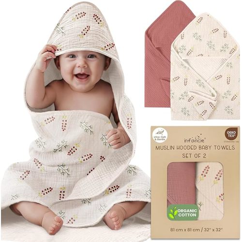Organic Cotton Muslin Baby Hooded Towels - 81x81 cm, 2 Pack Newborn Bath Towels for Boys & Girls, Soft & Absorbent Bath Set (Pink/Floral)