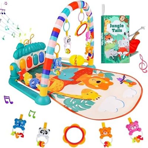 VZO Baby Gyms Play Mats, Infant Play Mat and Activity Gym, Baby Play Piano Gym Mat, Play Mats for Babies Newborns and Toddlers, Tummy Time Activity Mat Toys 0-3-6-12 Months (Green)