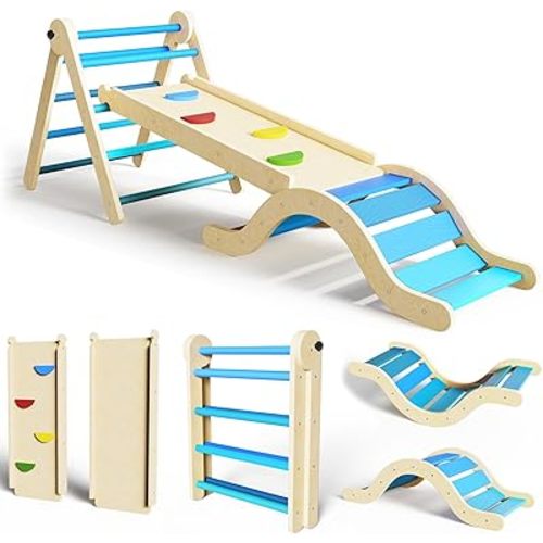 Pikler Triangle Set 7in1 Toddler Toy Indoor Foldable Montessori Climbing Set with Arch, Ramp, Ladder for 1-3 Years, Jungle Gym for Kids (Sky Blue)