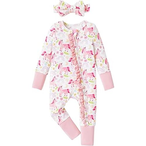 PATPAT Baby Girl Boy Footie Clothes, Bamboo Viscose, 2-Way Zipper, Fold-Over Mittens & Cuffs with Hat/Headband