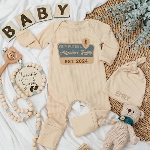 Baby bodysuit and hat set, Our Future Adventure Buddy, Infant Bodysuit, National Park, Camping Pregnancy Announcement | Baby Shower Gift