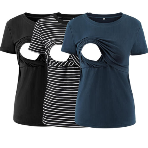 Liu & Qu Women's Maternity Nursing Tops Rib Short Sleeve Breastfeeding Shirts Maternity Clothes 3-Pack