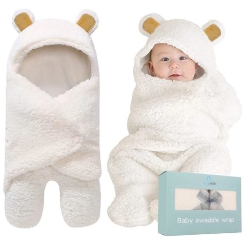 BlueMello Baby Bear Swaddle Blanket | Ultra-Soft Plush Essential for Infants 0-6 Months | Receiving Swaddling Wrap White | Ideal Newborn Registry and Toddler Boy Accessories | Perfect