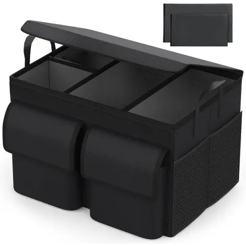 Trunk Organizer for SUVs Sedans, Large Capacity Car Organizer with Lid, Foldable Trunk Organizer for Car, Collapsible Car Organization for Car Accessories, Tools, Sundries, 3 Compartments
