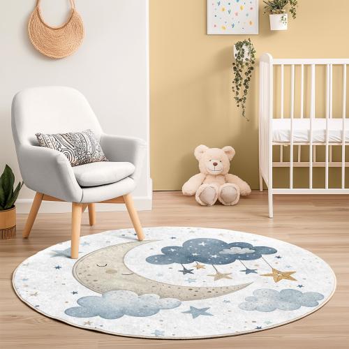 Moon and Stars Round Kids Rug - Nursery Sky Theme Playroom Carpet - Blue Yellow Cloud Circle Mat for Baby Room & Toddler Decor