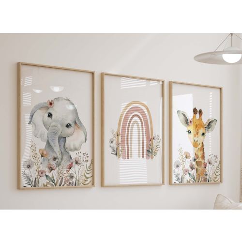 Safari Wildflower Watercolor Prints, Neutral Rainbow Floral Nursery Wall Art, Elephant Girl's Room Decor, Set of 3 Art Prints Shipped, 246