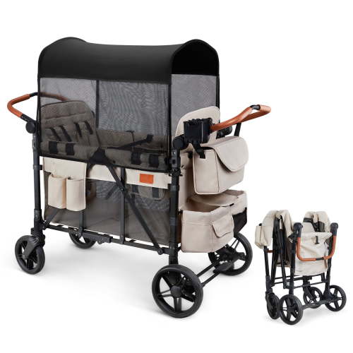 Matladin Wagon Stroller for 4 Seats, All-Terrain Wagon for Toddler with Canopy, Adjustable Handlebar, 5 Point Harness, Phone Holder, Shoulder Bag, Beige