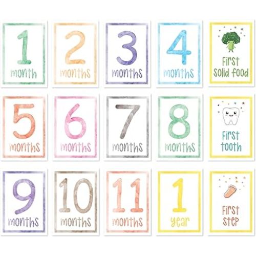 15 Large Baby Milestone Cards, Monthly Milestone Cards (1–12 Months) + First Year Milestone Cards, Double Sided A5 Paper, Baby Month Signs with Memory Journal, Baby Keepsake Cards