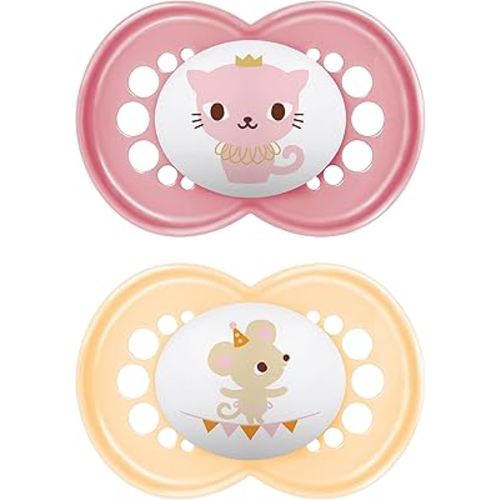MAM Original Baby Pacifier, Nipple Shape Helps Promote Healthy Oral Development, Sterilizer Case, 2 Pack, 6-16 Months, Crystal/Girl. 6-16- (Pack of 2)