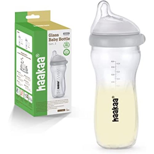 haakaa Gen.3 Natural Glass Baby Bottle 11oz - Wide Neck Anti-Colic Variable Flow Nipple,Easy to Clean & Latch for Newborn 0m+ 6m+ Breastfed Baby Toddler,BPA-Free - Grey