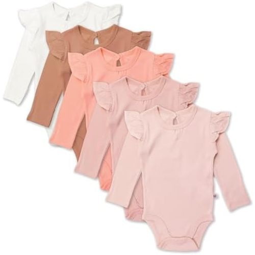HonestBaby baby-girls 5-pack Long Sleeve Ruffle Shoulder Bodysuits 100% Organic Cotton for Infant Baby Girls
