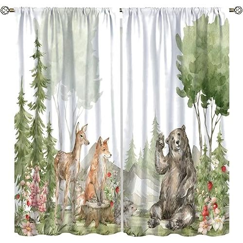 Kid Forest Animal Curtains, Woodland Animal Fox Elk Bear Watercolor Print Curtains for Nursery Bedroom Living Room,Rustic Wild Animal Window Drapes Set 2 Panels,42x63 Inches