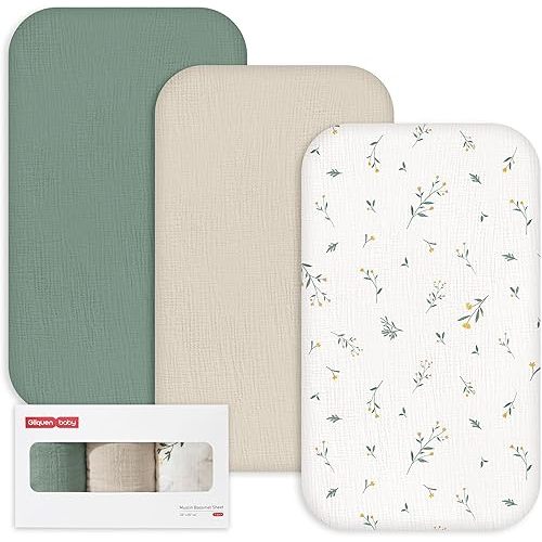 Gllquen Baby 3-Pack Muslin Cotton Bassinet Sheets, 33"x20" Fitted Crib Sheets for Bedside Sleeper & Travel Crib, Oeko-TEX Certified Soft Breathable Sheets, Easy On/Off (Leafy Green)