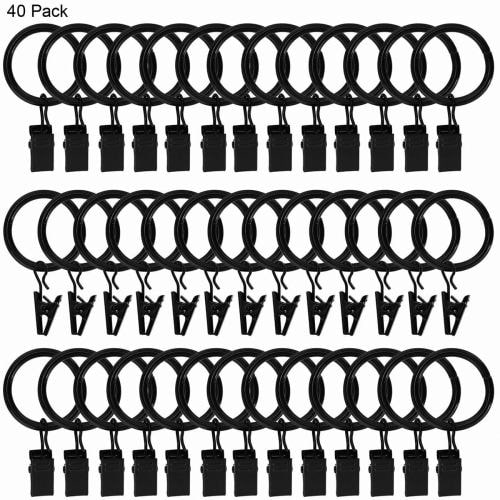 Rongsi 40 Pack Curtain Rings with Clips Hooks, Rustproof Matte Metal Stainless Steel Drapery Rings for Tension Rod Bracket Eyelets Hangers, Fits up to 0.88 in Curtain Rod Black-1" Interior Diameter