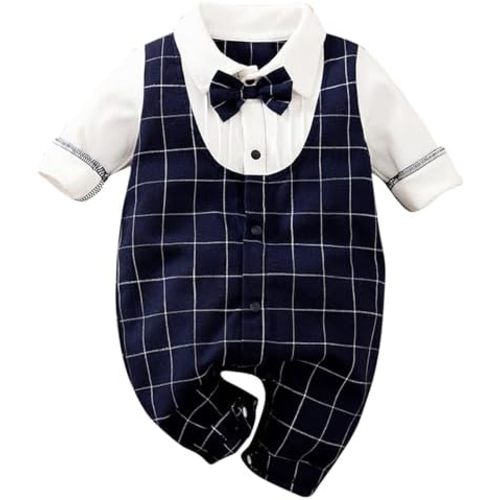 HUAANIUE Newborn Baby Boys Gentleman Romper One Piece Long Sleeve Bowtie Outfit Formal Wear Tuxedo Suit