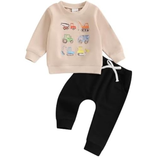 Pudcoco Toddler Baby Boy Fall Winter Clothes Construction Truck Excavator Sweatshirt Jogger Pants Outfit Set