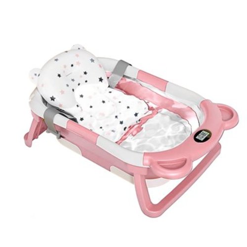 Double Folding Baby Bath Tub Set with Removable and Reusable Filter Net, Temperature Gauge and Soft Cushion, for Newborn 0-36 Months