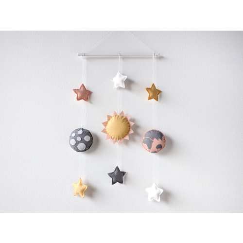 Felt Sun Earth Moon and stars wall hanging, Wall baby mobile, Space-themed decoration, pastel colors, solar system, space nursery