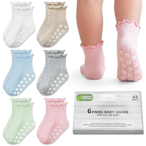 Mother's Choice Organic Cotton Ruffle Baby Socks 6 Pairs Non Slip Socks For 6M To 5Y Toddlers With Soft Fabric For Daily Use