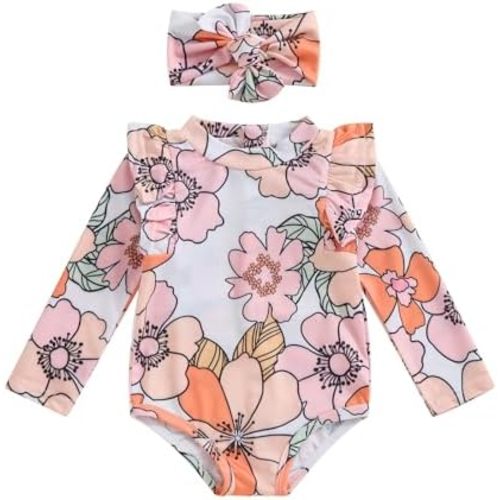 Infant Baby Girl Swimsuit One Piece Long Sleeve Zip Swimwear Bathing Suit Beach Wear