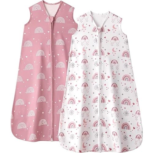 Baby Sleep Sack 6-12 Months, 0.5 TOG Wearable Blanket for Baby Boy and Girl, 2-Way Zipper Newborn and Infant Sleeping Bag 2 Pack, Lightweight Sleep Sacks Pink Rainbow(Medium)