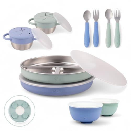 Elk and Friends Kids Stainless Steel Mealtime Bundle | Plates, Bowls, Snack Cups + Toddler Utensils | Silicone Suction Sleeves + Travel Storage Lids | For Meals + Snacks | Dishwasher Safe