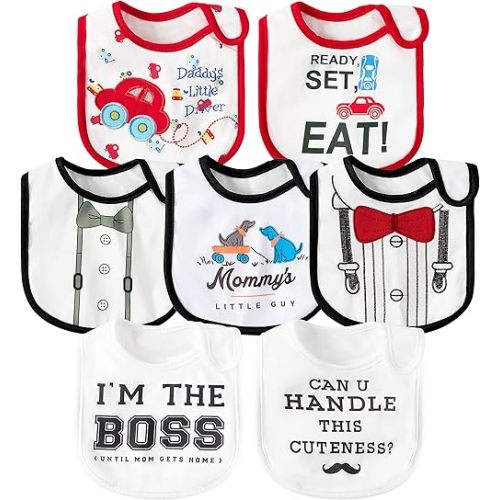 7Pcs Cotton Waterproof Baby Bibs Hook Loop Closure Newborn Bib Keepsake Baby Gift for Drooling Feeding Eating