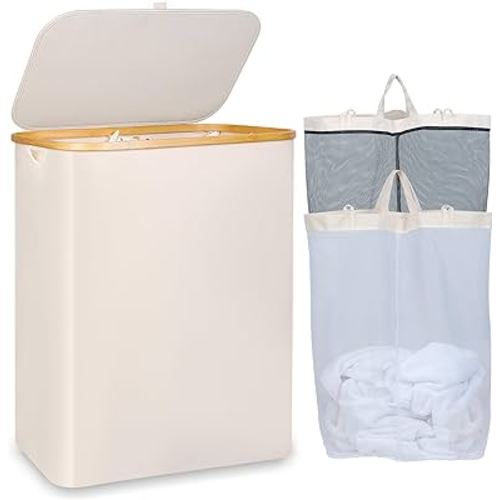 150L Laundry Basket with Lid, Large Laundry Hamper with Bamboo Handle, Collapsible Dirty Clothes Hamper Organizer with Removable Inner Bag for Clothes Toys Towels -Beige