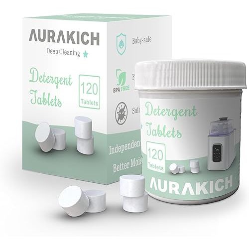 AURAKICH Bottle Washer Detergent Tablets - Deep Cleaning, 120 Tablets with Independent Bottle Pack (Better Moisture Proof), Fits Baby Brezza, Momcozy, GROWNSY & All Washers, Baby-Safe Formula