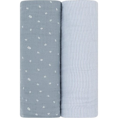 Ely's & Co. Muslin Swaddle Blanket 2-Pack — 100% Cotton Muslin Extra-Large Swaddle Blankets (47” x 47”) Solid Blue + Printed Blue Leaf