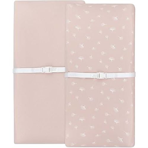 Ely’s & Co. Changing Pad Covers│Cradle Sheets 2-Pack — Combed, 100% Jersey Cotton for Baby Girl — Rosewater Pink, Pin Dots & Gingko Leaves