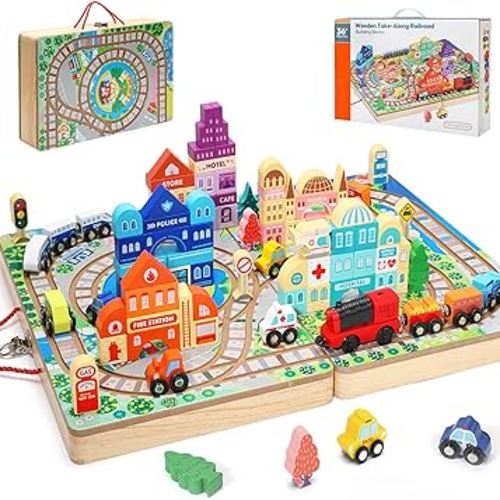 Wooden Building Blocks Set, Electric Train City Construction Stacking Blocks Preschool Learning Educational Toys,Toddler Toys for 3+ Year Old Boy and Girl Gifts