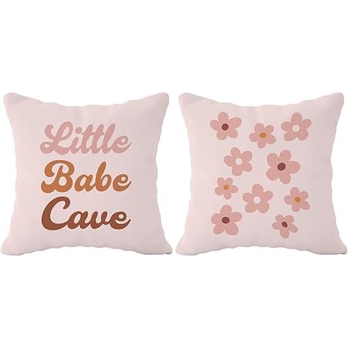 Little Babe Cave Boho Nursery Girl Quote Decorative Throw Pillow Covers,Retro Daisy Flower Pillow Case Covers for Home Kids Baby Girls Room Playroom Nursery,Kids Girls Gifts,18×18 Inch Set of 2