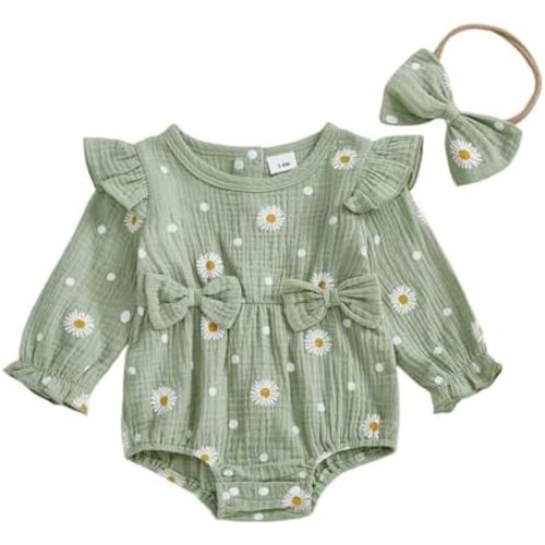 Kaipiclos Newborn Infant Baby Girl Clothes Rompers Fall Winter Jumpsuits Long Sleeve Daisy Print Romper with Headband