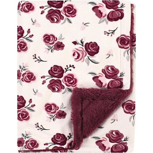 Hudson Baby Unisex Baby Plush Blanket with Furry Binding and Back, Rose, One Size