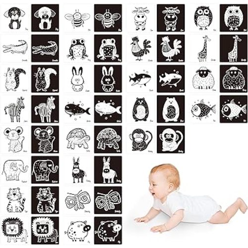 25 PCS Baby Visual Stimulus Cards, Double-Sided High Contrast Black and White Flashcards Sensory Developmental Montessori Cards Set for Newborn Boy Girl Baby 0-3 Months Tummy Time (5.5” X 5.5”)
